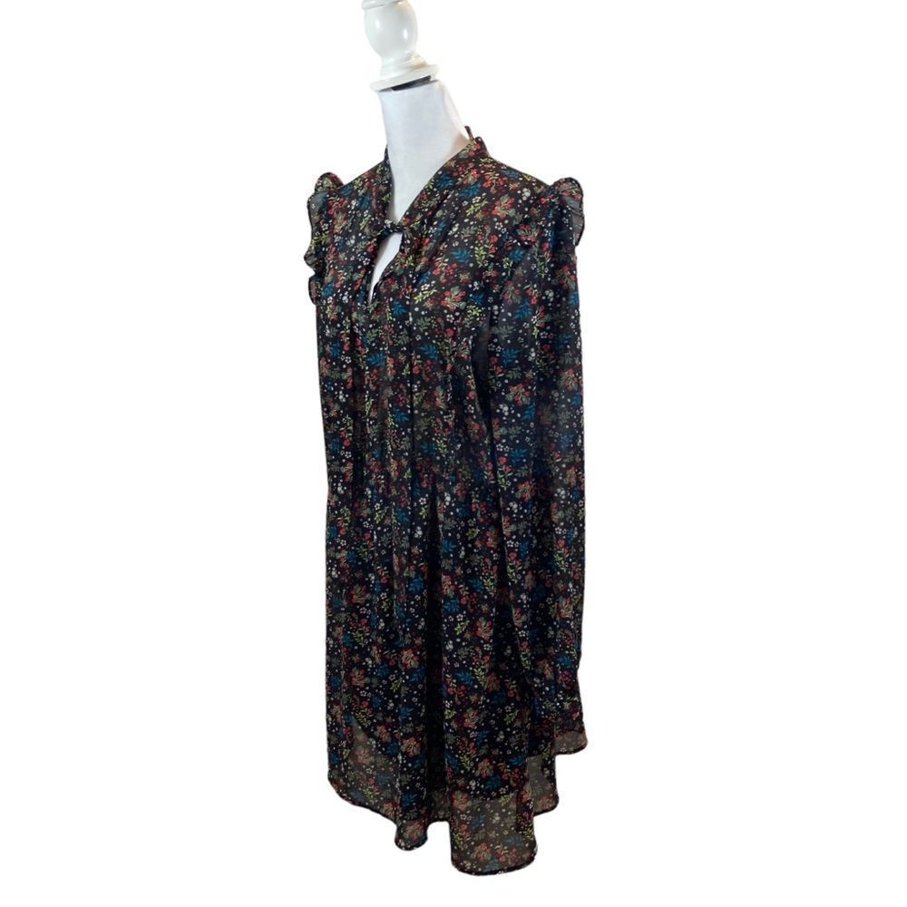 Threads & States‎ Brand Black Floral Tie Neck Dress with Ruffle Detail Size XL